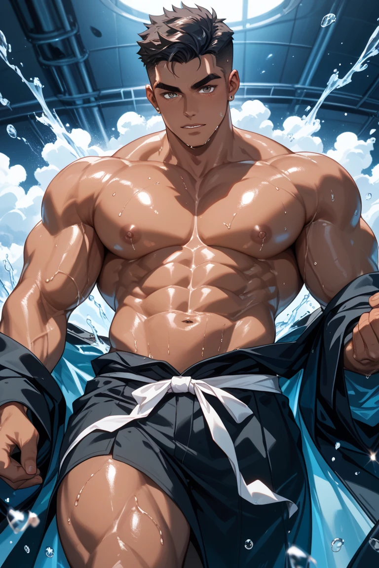 Roy Mustang from Fullmetal Alchemist, very attractive Chico, Pelo negro, joven man, solo, raised muscle, hermosa musculatura, aesthetic stretch marks, Inspiring physique, lean muscle, pectorales cuadrados, hermoso cono en v, grandes abdominales y torso, en minifalda, parado frente, Listo para pelear, Pixiv mejor valorado, usando solo minifalda, Abdominales cincelados, pectorales cincelados y su cuello voluminoso, cintura estrecha, white sclera, human, hermoso rostro, joven, mirando al espectador, posando en un cuarto blanco vacio, posando de lado