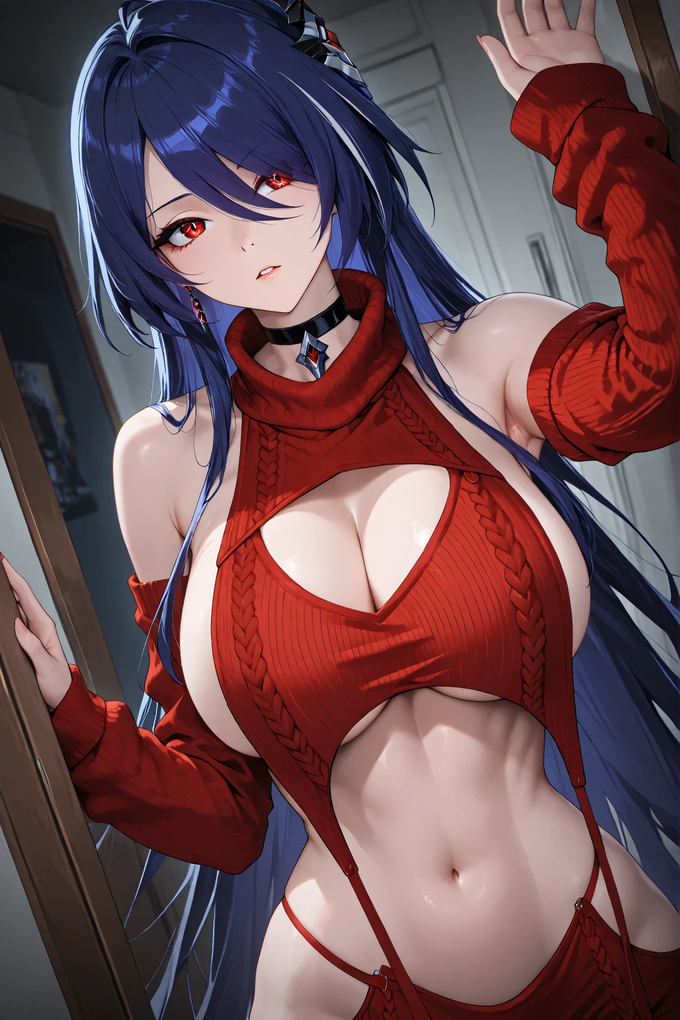 acheron, dark blue hair, 1 girl, (((Alone))),(((Virgin Destructive Sweater, choker, ecchi))), dynamic angle, At home, sexy body, pose sexy