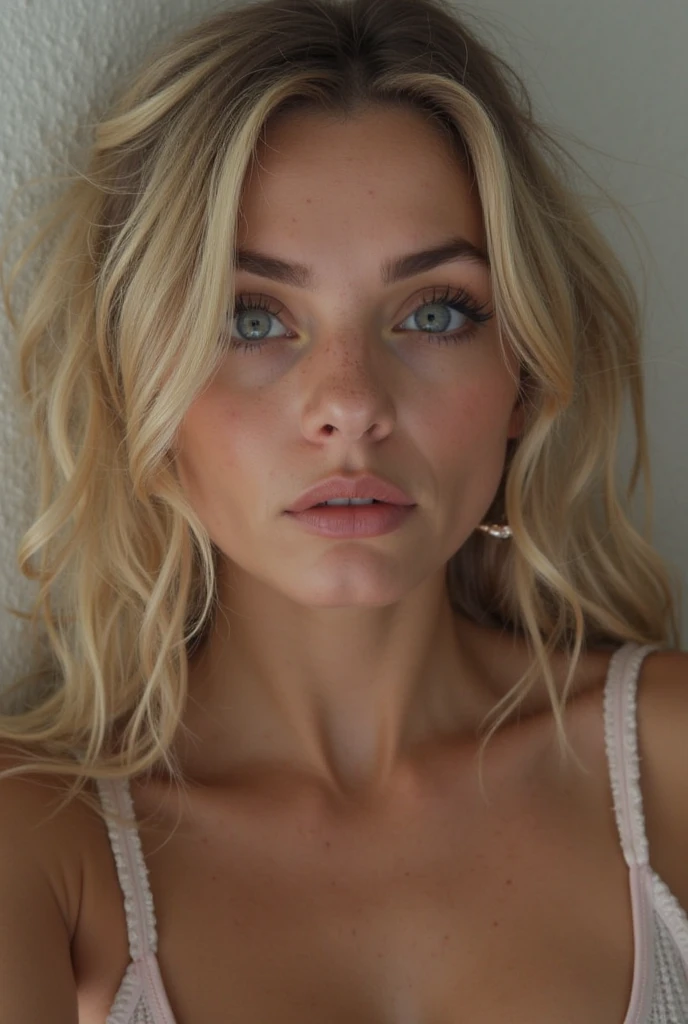 beautiful blonde, hair, skin detailled, show her body, layed on the bed, detailled face, 