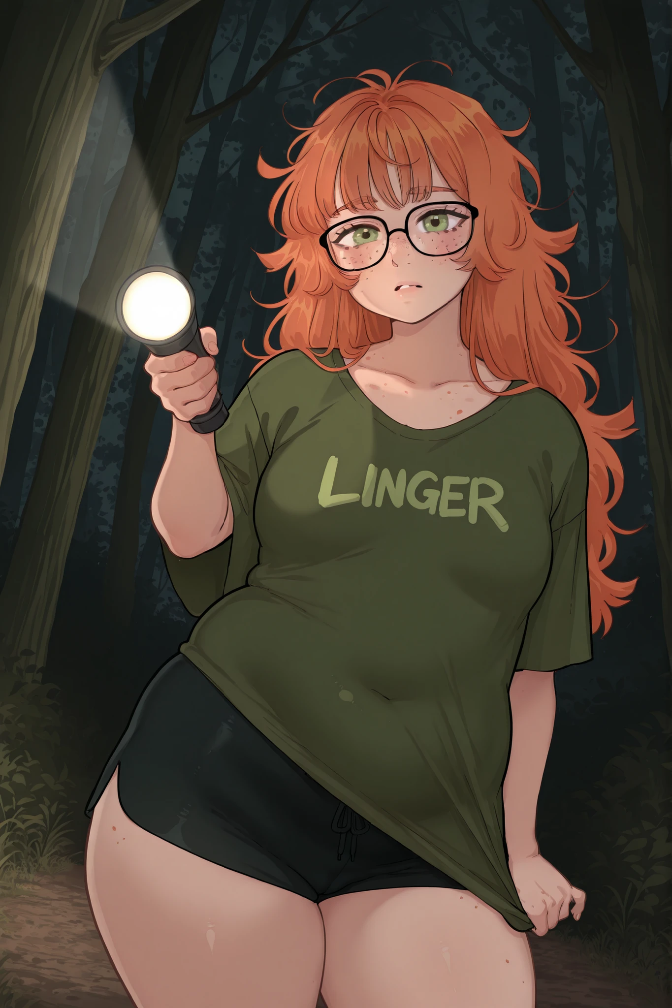 1 woman, plump, messy hair, straight hair, ginger hair, freckles, glasses, oversized green t-shirt, black tight shorts, holding flashlight, forest at night, look at viewer