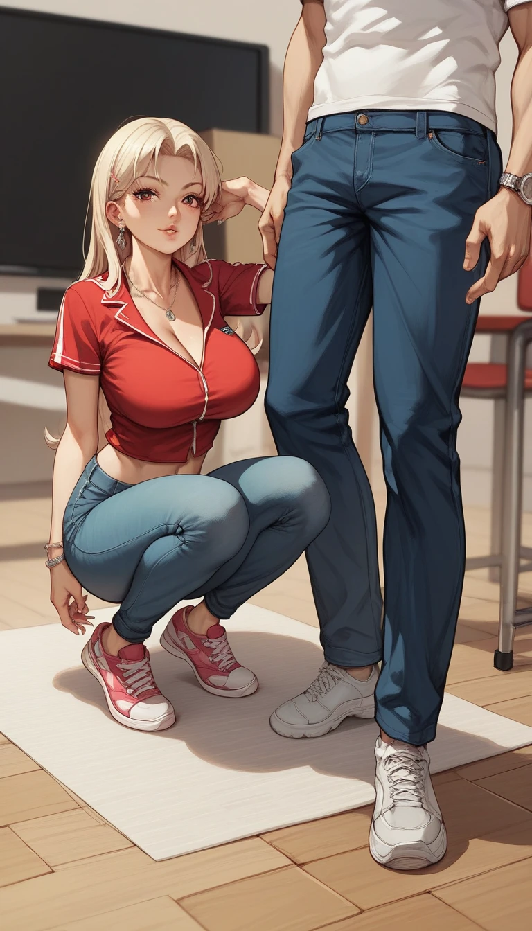 Senju Tsunade, ((Bimbo))), Long Blond Hair, cute smile face, Puffy lips, Painted lips, thick lips, wide hips, thick thighs, Huge ass, The face of craving desire , cleavage, mature mom, school setting, teasing, teasing, booty shorts, guy is groping her ass, guy is grabbing her ass, ass being squeezed, view from side