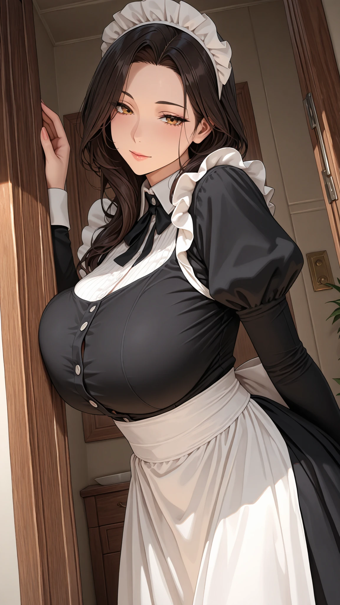 erotic sexy woman with beautiful long hair, Mature (((Big breasts,Very skinny,perfect anatomy,perfect hands,two hand,perfect five fingers:1.5))), (((Wearing a maid uniform ))), (((Sexy Pose,Invite her lover：1.5))), blush, nose blush, submissive, Meek, Cute, Adorable, ((Mature)),(Hotel room,Detailed,Open the door:1.5),(steam,in heat:1.5),by Alex Maleev, Professional, Canon Camera, Nikon Camera, sharp, Bokeh, Studio Quality, fish-eye lens, by Robert Capa ,