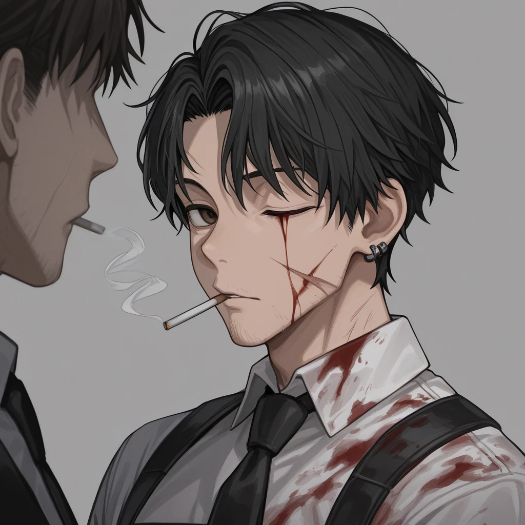 1 boy,((alone)),adult ,suit、Vomiting blood、In pain