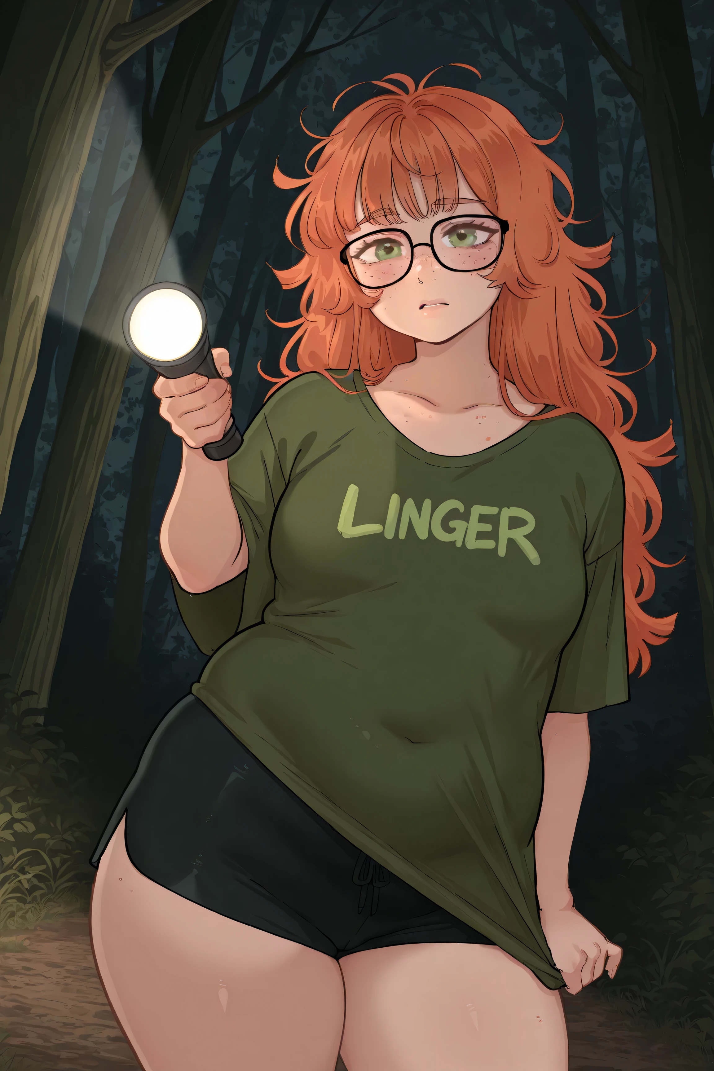 1 woman, plump, messy hair, straight hair, ginger hair, freckles, glasses, oversized green t-shirt, black tight shorts, holding flashlight, forest at night, look at viewer