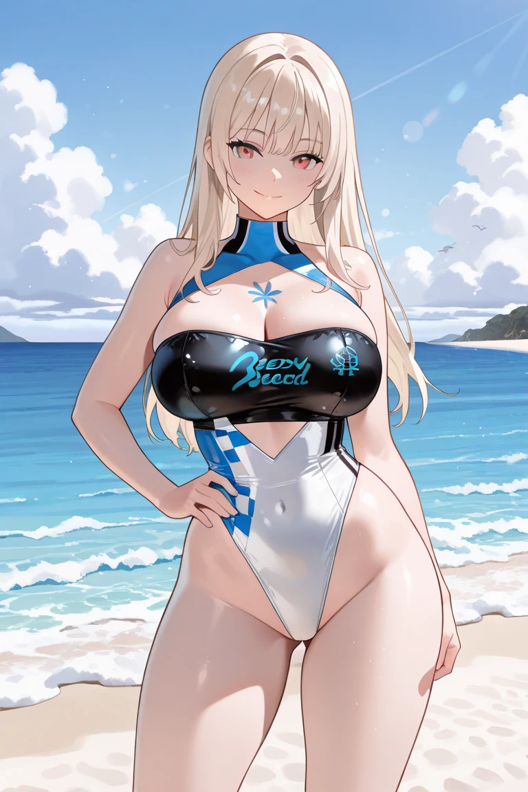best quality, masterpiece, highres, solo, {north_carolina_azurlane:1.15}, blonde_hair, long_hair, blue_eyes, breasts, large_breasts, rabbit_ears, animal_ears, fake_animal_ears, blush, cleavage, smile, hairband, bangs, 1girl, looking_at_viewer, cloud, sky, blue_sky, upper_body, black_gloves, day, gloves, open_mouth, white_hairband