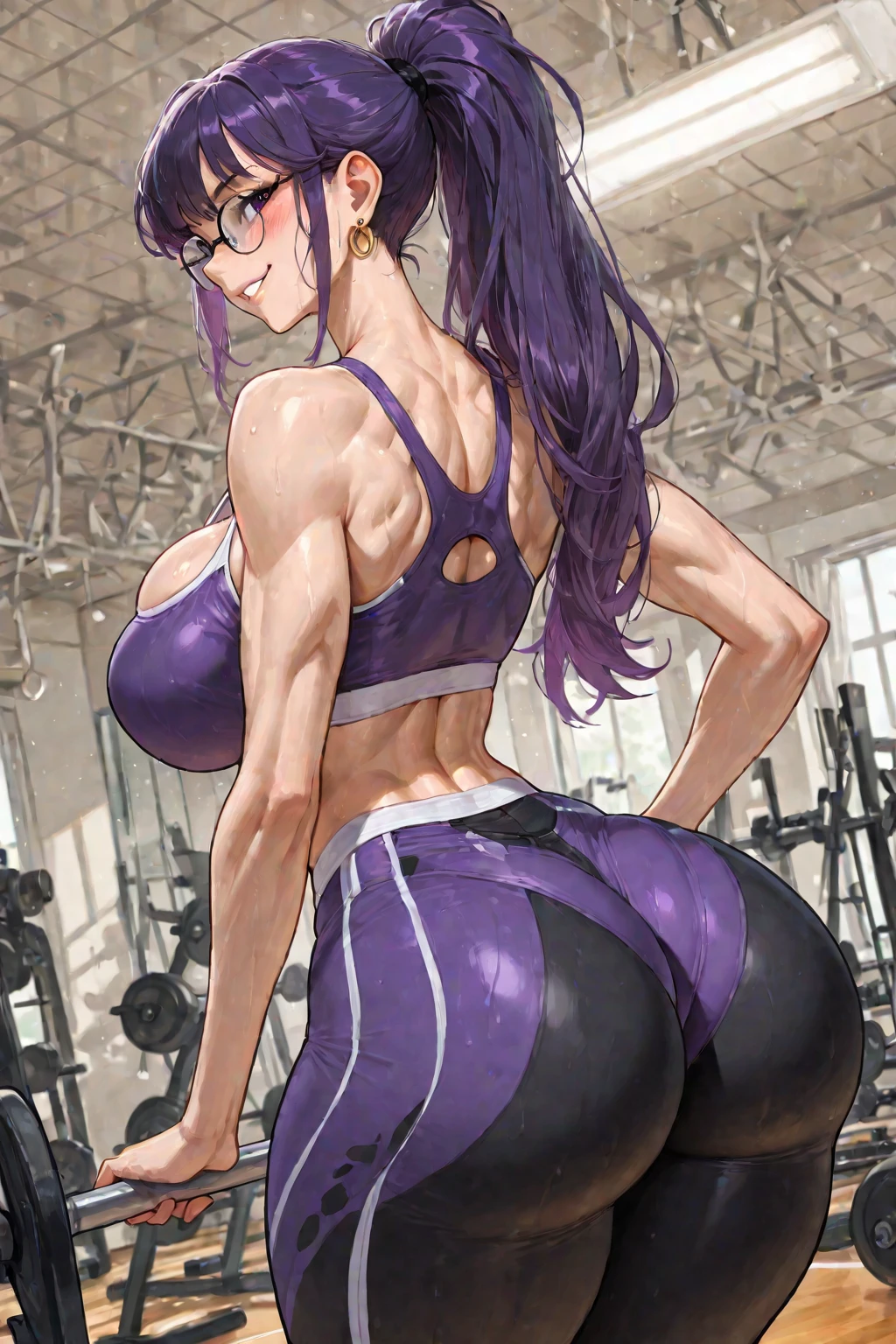 (masterpiece), best quality, expressive eyes, perfect face, gym, workout, hot, sweating, sweaty, tan, big boobs, tan skin, flustered, blush, purple clothes, see thru, yoga pants, black hair, sitting on exercise ball, gym ball, exercise ball, curvy woman , black hair , straight hair, purple eyes, emberased, purple hair, , nipples, big nipples