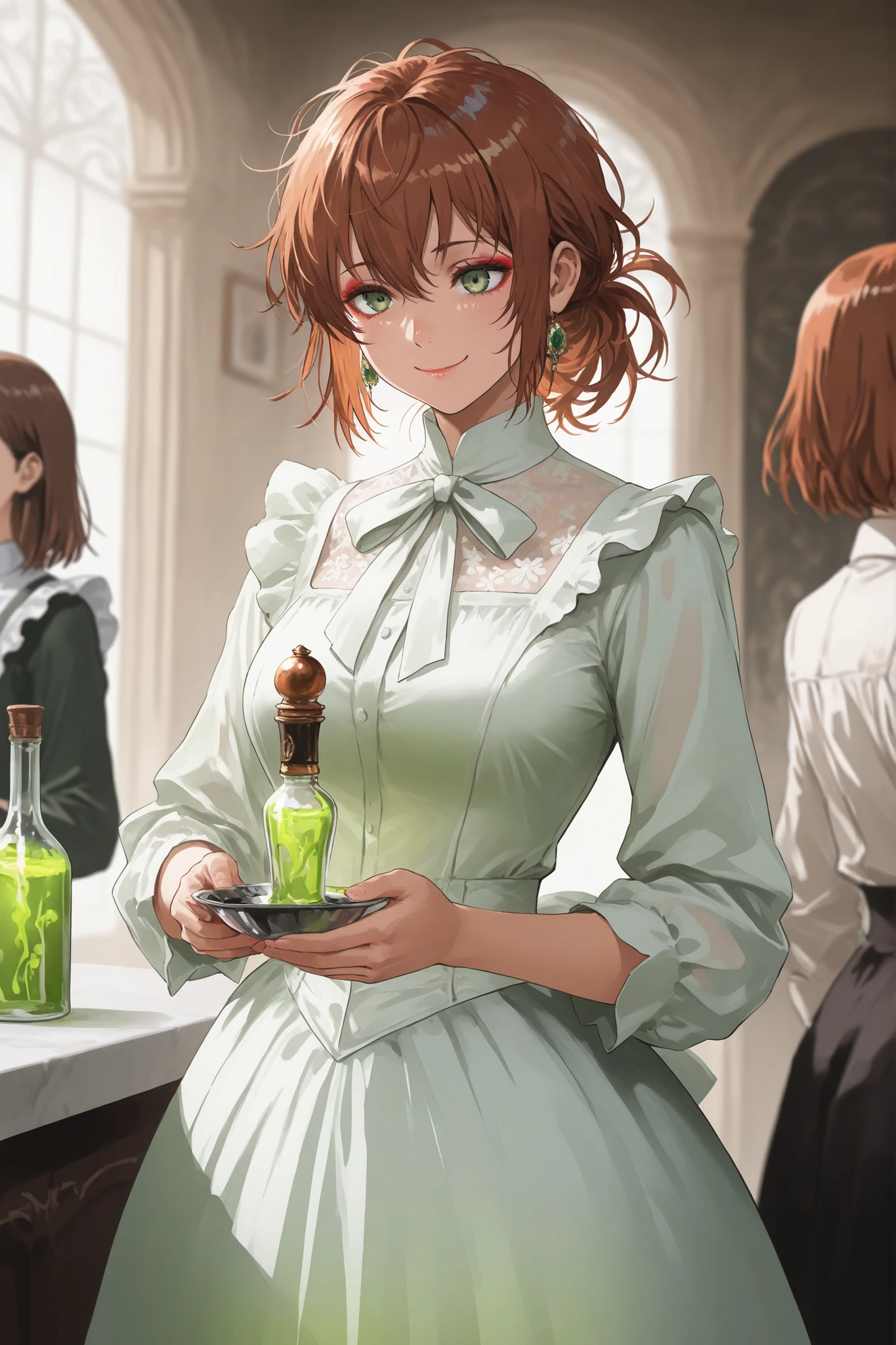 Masterpiece, highly detailed, beautiful young English woman, fair skin, medium hair, auburn hair, messy hair, bob hair, smile, slender figure, athletic body, toned, large_breasts, makeup and lipstick, green_eyes, slender waist, standing, Victorian maid dress, holding a spoon, holding a bottle of glowing green liquid, Victorian parlor, closeup shot, front view, sadistic smile, Attack on Titan art style