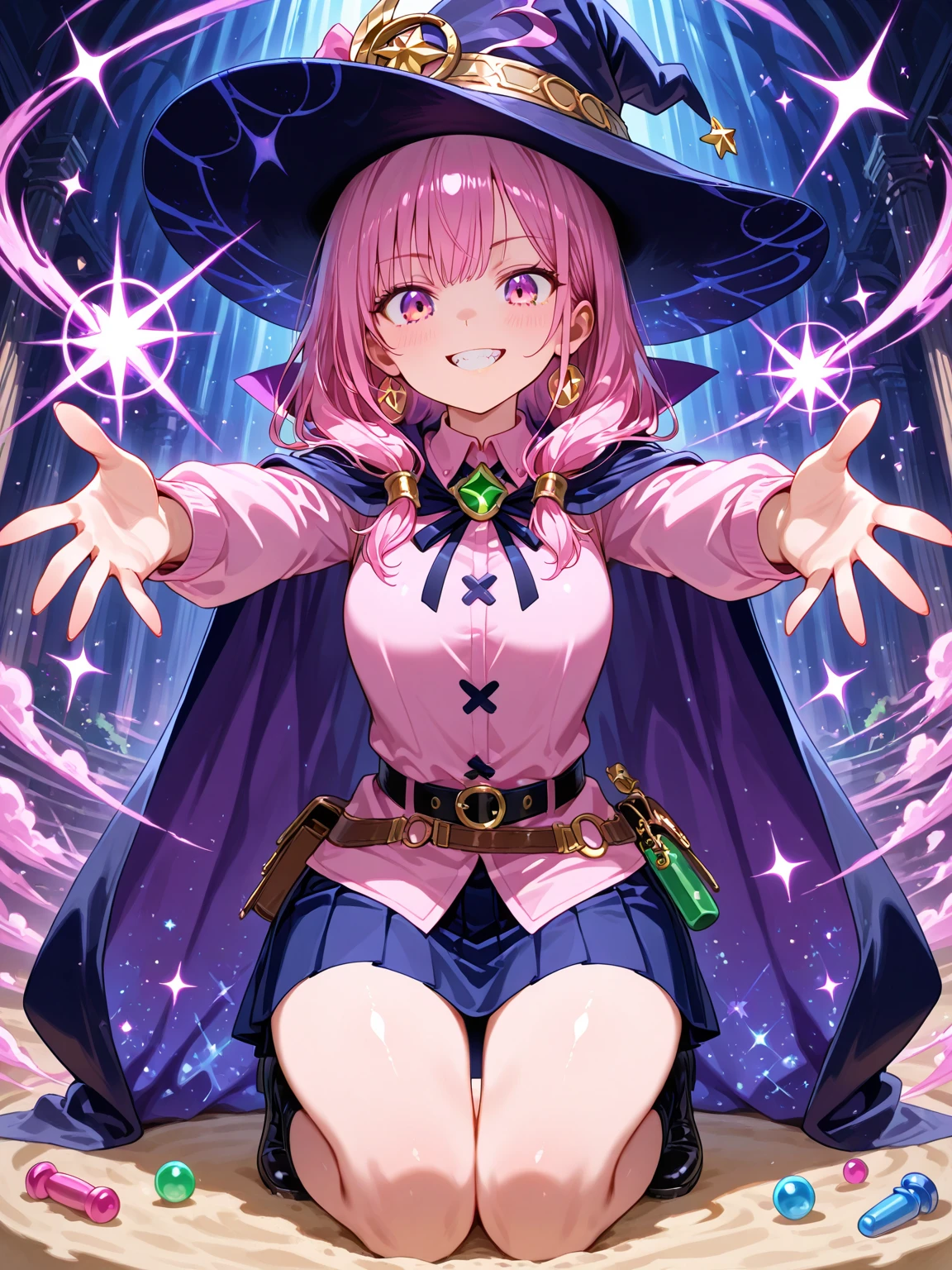 A pink haired female witch with violet eyes with an hourglass figure in a victorian style dress is playing with a ball of purple fire