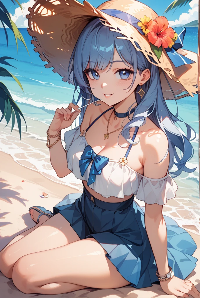 1girl,<lora:summer fioraXL:1>,summer fiora,bikini,criss-cross halter,wrist cuffs,cowboy shot,standing,smile,sandy beach,looking at viewer,anime coloring,best quality,masterpiece