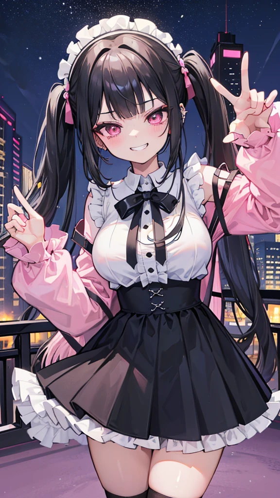(8K、Highest image quality、highest quality、masterpiece)、detailed face、1 girl、black hair、long hair、twintails、blunt bangs、pink eyes、evilsmall、grin、earrings、Moderate chest、Pink ruffled clothes、((off shoulder:1.2))、black pleated skirt、mini skirt、black over kneehighs、jirai ke、((pink lace panties))、lift skirt、Take from below、cowboy shot、Downtown background at night