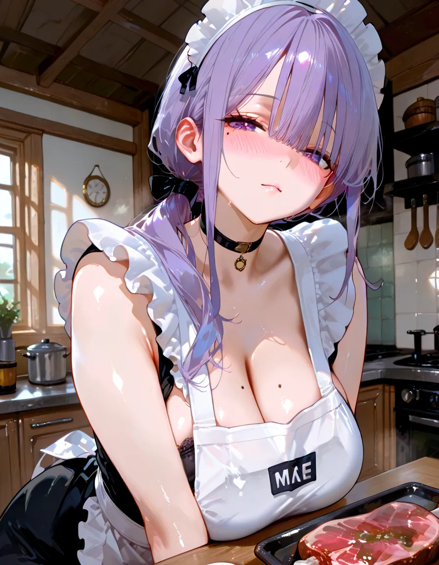 Minato_Aqua, twintails, drill hair,maid headdress, cleavage, short sleeves, blue bow, wrist cuffs,big breasts ,,,score_9, score_8_up, score_7_up,best quality, official art, official style,source_anime,,,,,1girl,solo,dim lighting,in bedroom,heavy breath,shiny skin,sweat,half-closed eyes, (from below:1.3), (saliva,spitting,saliva drop:1.2), pov ,spitting, long_spit,(learning forward,portrait:1.3),all fours(,saliva on viewer,spitting at viewer:1.2),ceiling,,big head,