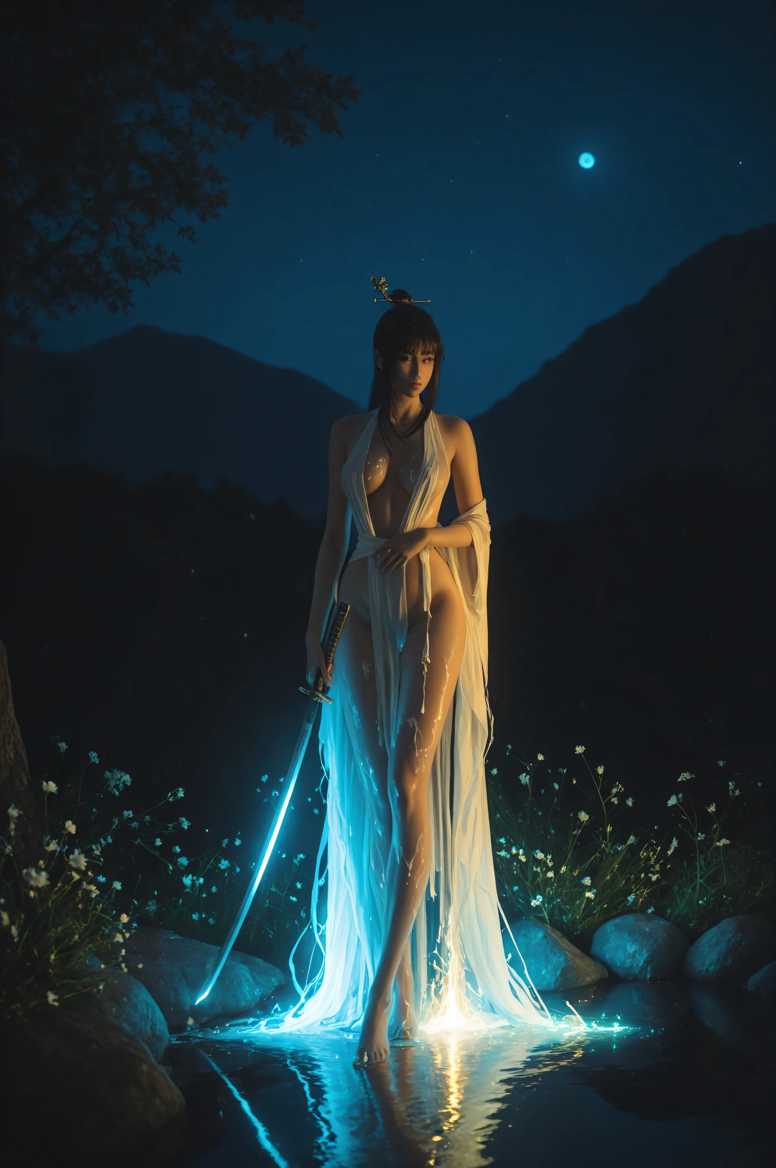 japanese sword, glowing, dripping in paint, paint on a naked woman, background : is a hotspring, glowing water, night time . beautiful colors and paint. flowers