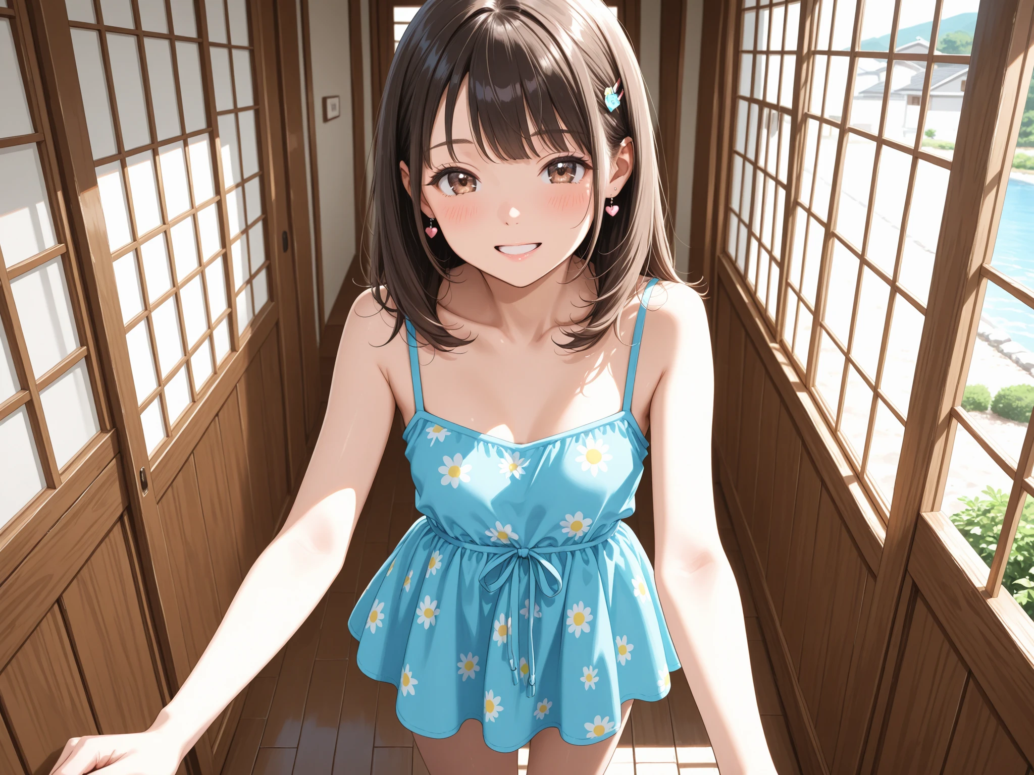 highest quality、Highest quality、Beautiful eyes、Very delicate and beautiful、Beautiful eyes、Pink Eyes、Soio、Soio、11-year-old girl、Japanese、、Chiquita、Noble、Primary school students、Black Hair、barefoot、(Judo)、(((Pink leotard)))、(High leg)、Tiara on head、smile、Standing, facing forward、The background is the changing room