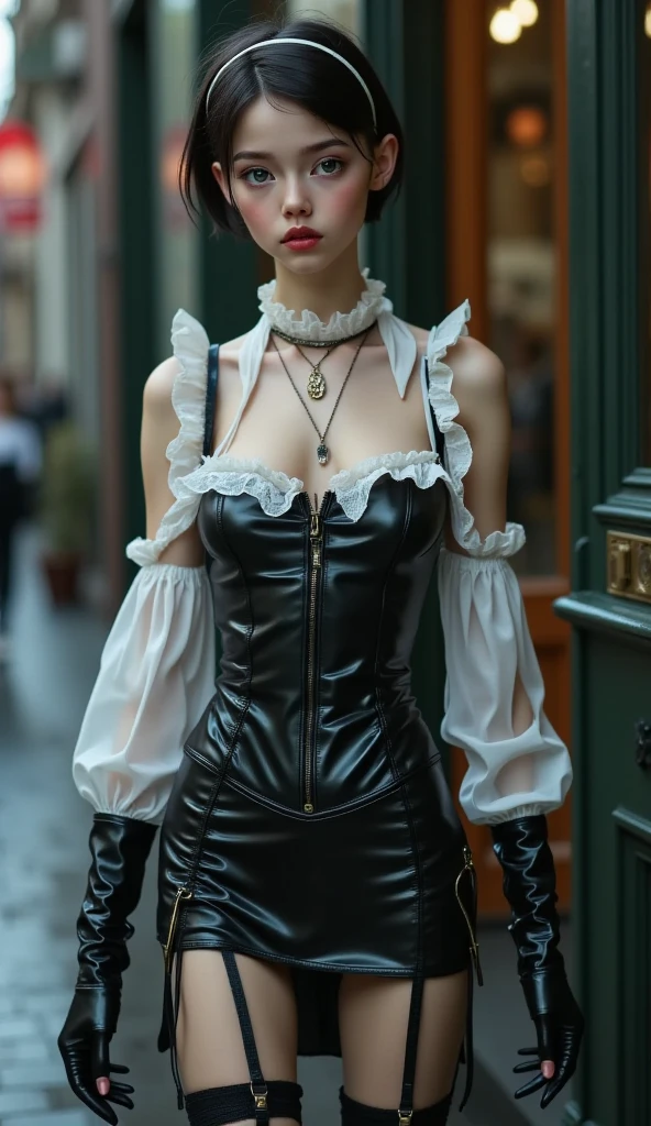 ch3rryg1g, cowboy shot of beautiful blonde lady, braid, black corset, choker, white ornate dress, plaid skirt, tavern indoors, bottles on table