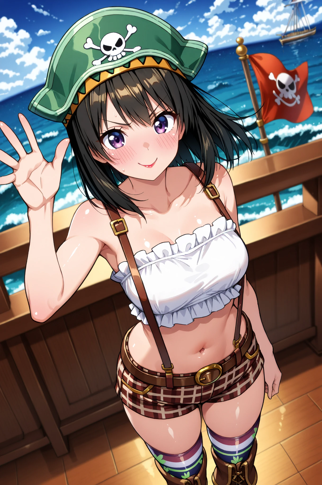 1girl, solo, black hair, wavy hair, outdoors, upper body, closed mouth, brown eyes, bikini, beach hat, sunglasses, summer fashion, happy expression, soda can, food, window. beach