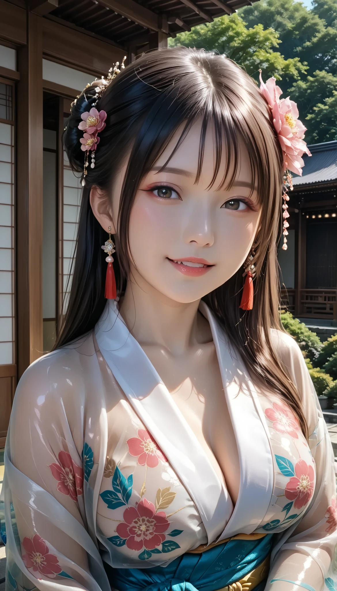 最High Quality 、High Quality 、 最High Definition、High Definition、8K Quality、high image quality 、最High Quality、 masterpiece 、immersive video、 very realistic image 、Realistic Paintings、 perfect details 、 high contrast 、High Fidelity、 perfect photo without blurring、close to reality、 Faithfully Reproduced Images、 Detailed and REALISTIC WEAPON 、 realistic human skin in every detail 、 realistic face in every detail、 Realistic eyes in detail 、 detailed lips drawn realistically 、 detailed and real teeth、Realistic Ears、 Realistic Hair 、((Japanese Model))､((gravure idol))、((Young face))、((black hair))、((rounded medium breasts))、((Stylish Body ))、(((Shiny skin all over the body  )))､((Traditional Japanese Garden))、(((A sheer floral kimono,See-through Kimono with Floral Patterns,clear vinyl kimono with floral pattern)))、(((Her body line is clearly visible through the transparent kimono with a floral pattern)))､(((Poses That Make Your Thighs Look Beautiful )))､((  subject close-up  ))