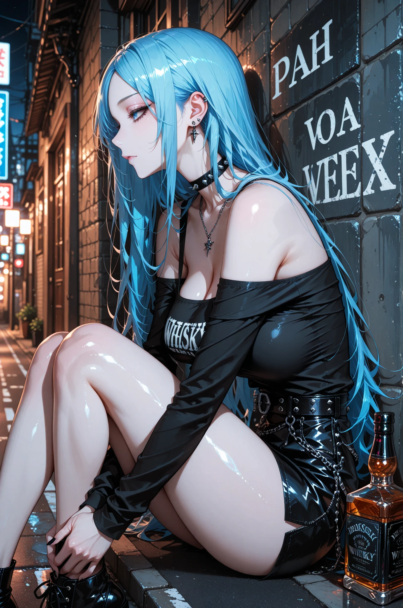 I want an anime style male character with kawaii symbol bright blue eyes satura gojo hair evil outfit