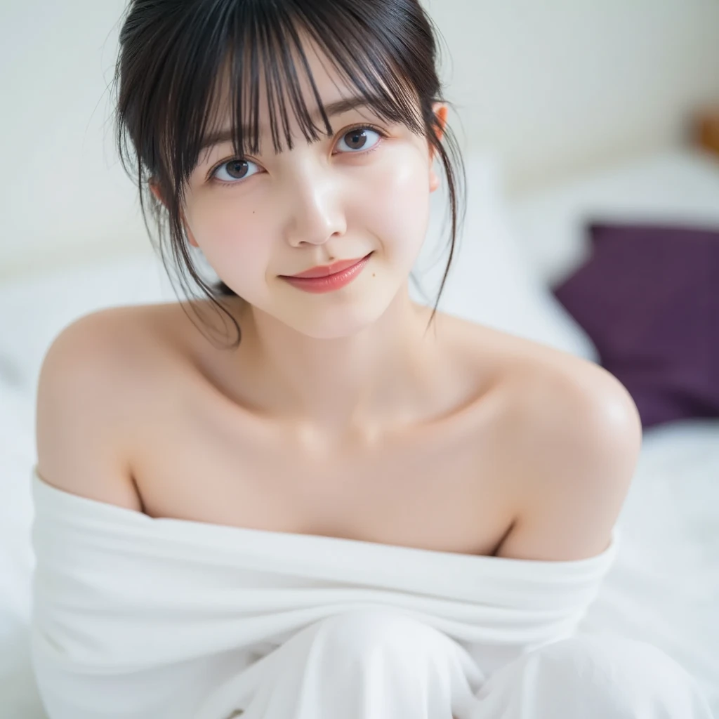 (8K、RAW Photos、Highest quality、masterpiece:1.2)、(Realistic、Realistic)、1 Girl、((naked、wake up、After sexual、morning、 Hotel Bedroom、 Lying in bed、Bathrobes、Flat Chest、smile))、cute