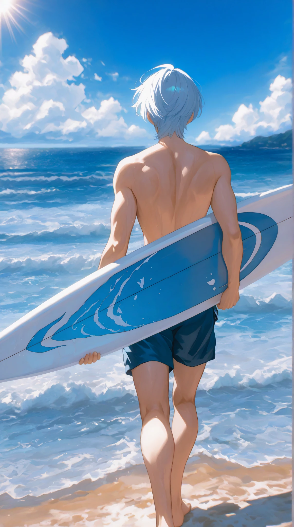 1man, grandpa, surfing, mature stud, swimsuit, topless, dutch angle, looking at side, fullbody, solo, detailed background, nipples, cool smile, elegant animated color, dynamic emotion, extreme all detailed, sharp vision, masterpiece, best quality