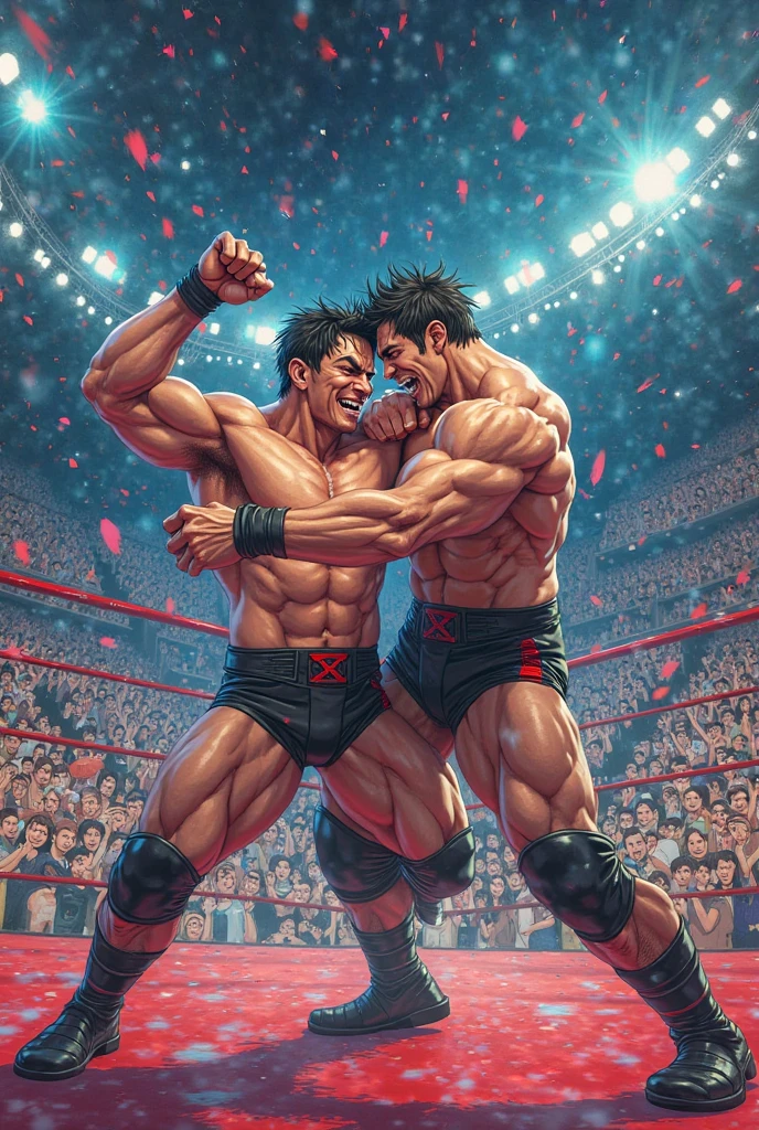 A young Japanese professional wrestler A and a senior Japanese professional wrestler B are in the ring.。They are on the same team。
A is buzzcut and muscular、Wearing short tights。Sweaty。Painful expression。
B is short-haired, muscular, and dark-skinned、Wearing short tights。
A is lying on their back and down。B sits on A's face。
Fujifilm, look up,