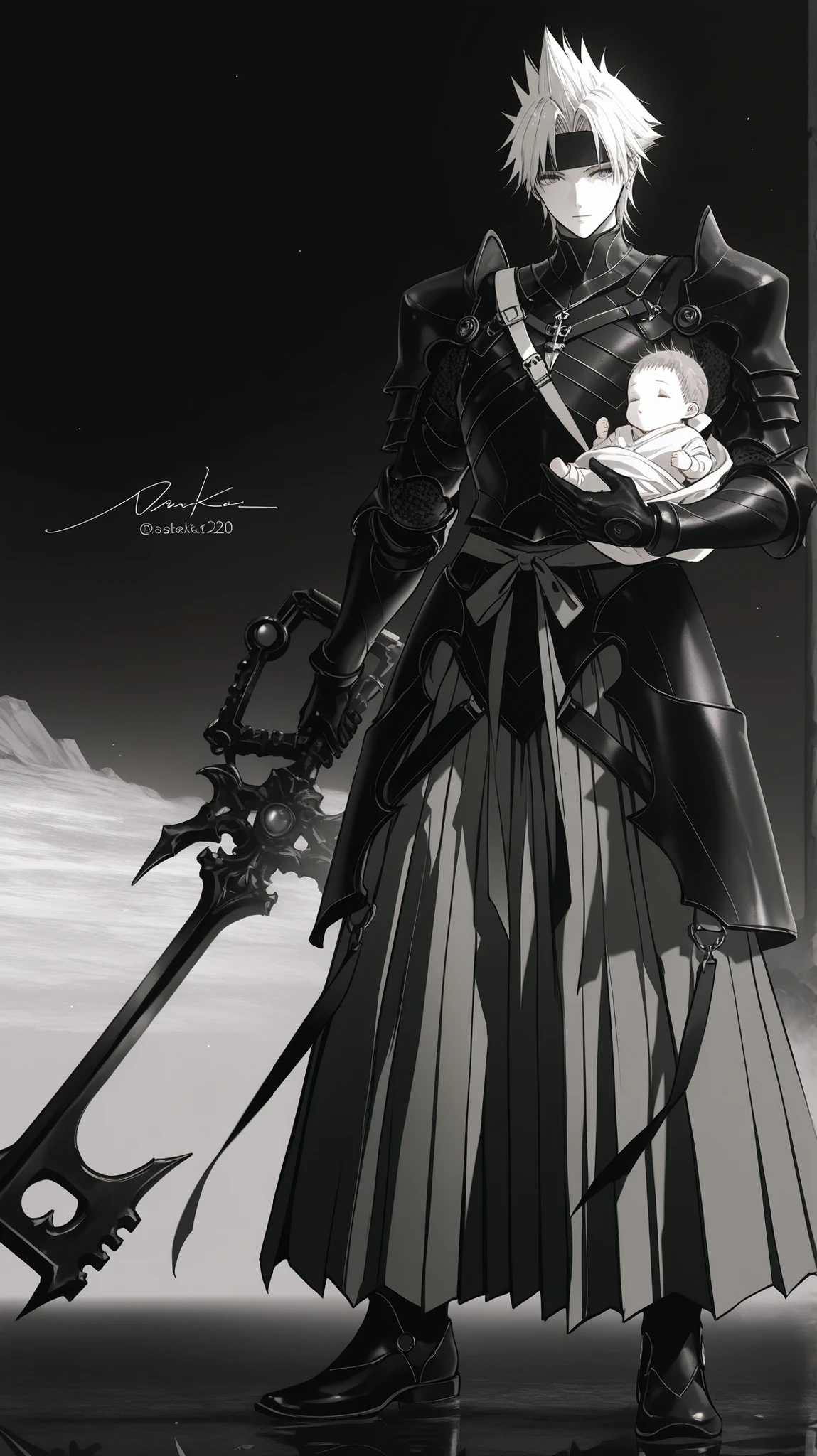 dark_art_style,dark_light_style,artist:kazutake_hazano, artist:danimaru,[artist:ask_(askzy)], artist:wanke, artist:wlop, artist:fujiyama, artisit:yuyu_(yuyuworks)，artist:hiten_(hitenkei),atrisit:dishwasher1910,in style of ashley wood,in the style of Alex Hirsch,in style of American McGee, ruteko_(ruko220) original highres

inaho_(sesyrne) kingdom_hearts kingdom_hearts_birth_by_sleep kingdom_hearts_iii chirithy terra_(kingdom_hearts) commentary highres (1boy:1.3) arm_armor armor (baby_carrier, babywearing:1.3) brown_background creature dream_eater_(kingdom_hearts) earthshaker_(kingdom_hearts) facing_to_the_side full_body greyscale greyscale_with_colored_background hakama hakama_pants hand_up holding holding_weapon japanese_clothes keyblade male_focus monochrome pants parted_bangs shoes short_hair shoulder_armor signature solid_oval_eyes spiked_hair twitter_username walking watermark watermark_grid weapon
