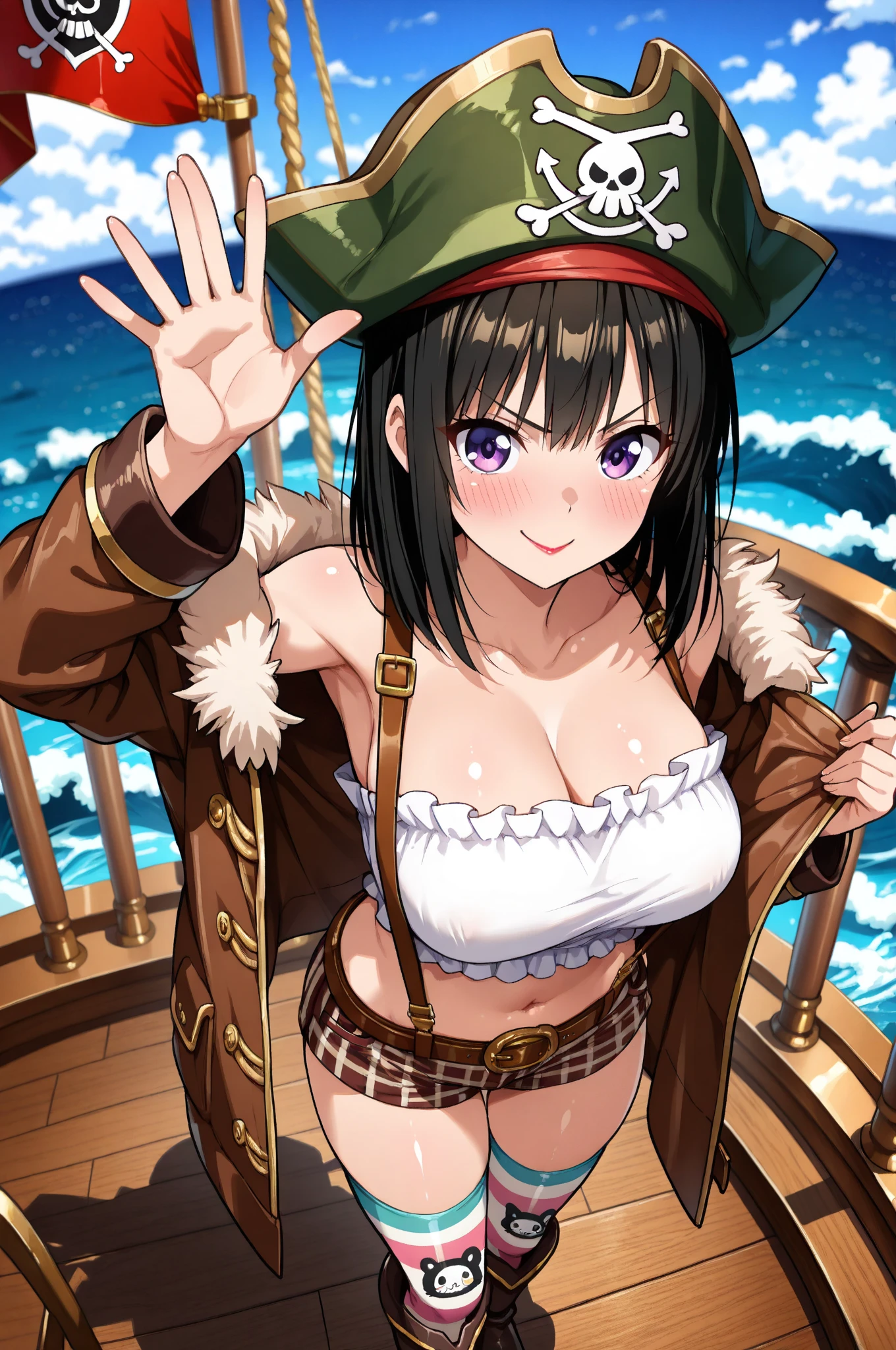 (masterpiece), best quality, expressive eyes, perfect face, Adult Female, Mature, cocky smile, sweaty, long brown hair, beautiful dreadlocks, dark skin, brown skin, brown eyes, shoulder length hair, Pirate, pirate captain,  pirate clothes, cavalier hat, cavalier hat with big feather rapier, standing in front, pirate ship, ocean in the background, ships deck, raiding ship, highly detailed, best detail, excellent detail, perfect anatomy, perfect hands, perfect fingers, low light, dim lighting