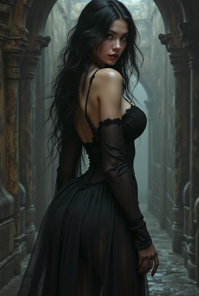 White lady, with long black hair, hour glass body figure, has long limbs, giving the vibe of sexiness and seductress.