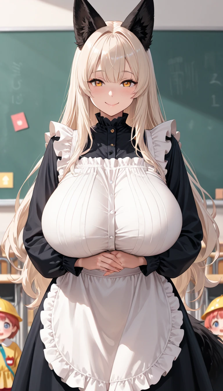 A white, blonde haired girl 9 months pregnant in a white school uniform with a messy striped tie that is nothing compared to her massive breasts