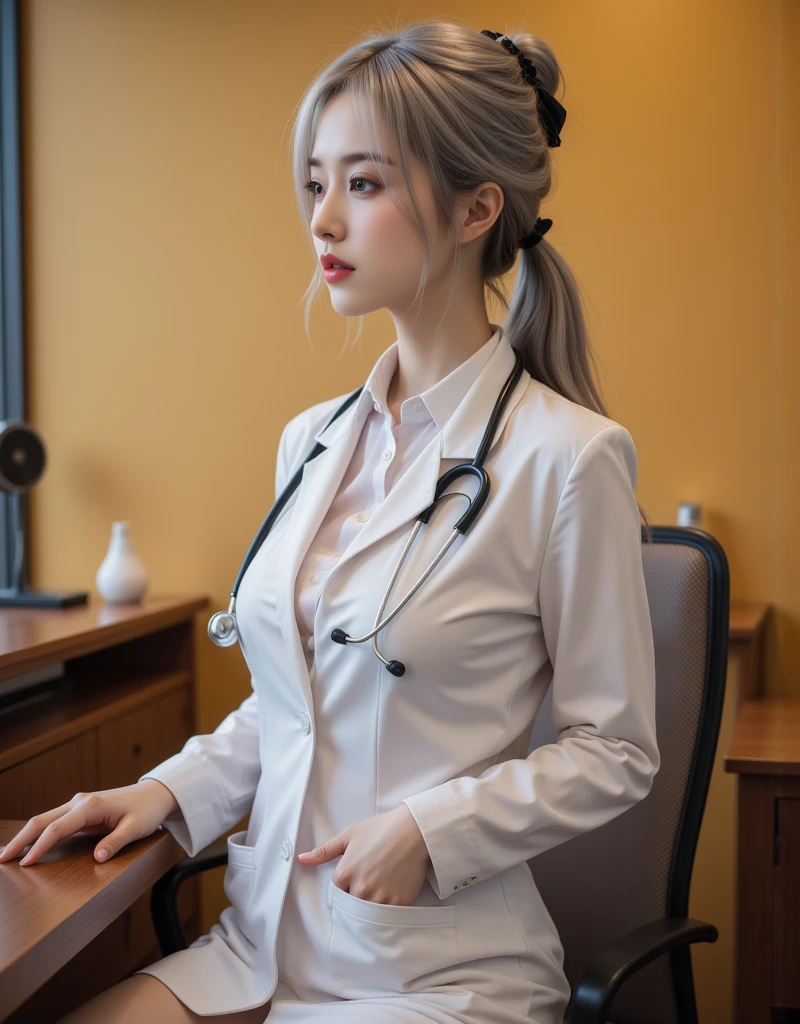 1 female、(european:1.2)、blonde、(super beautiful)、(beautiful face:1.5)、doctor、(Clothes:1.5)、(doctor用の白衣:1.6)、(white shirt:1.5)、Sit in a chair in the exam room、(show panties:1.1)、(white panties)、Stethoscope、(At SFW:1.1)