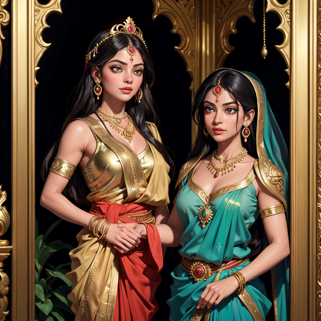 a close up of two women in traditional clothing with a red background, hindu gods, hindu art, beautiful godrays, indian god, from ramayan, indian art, eye level view, hindu god, vishnu, devainart, digitally enhanced, beautiful image, hindu aesthetic, attractive male deity, profile pic, hinduism, version 3, full of colors and rich detail