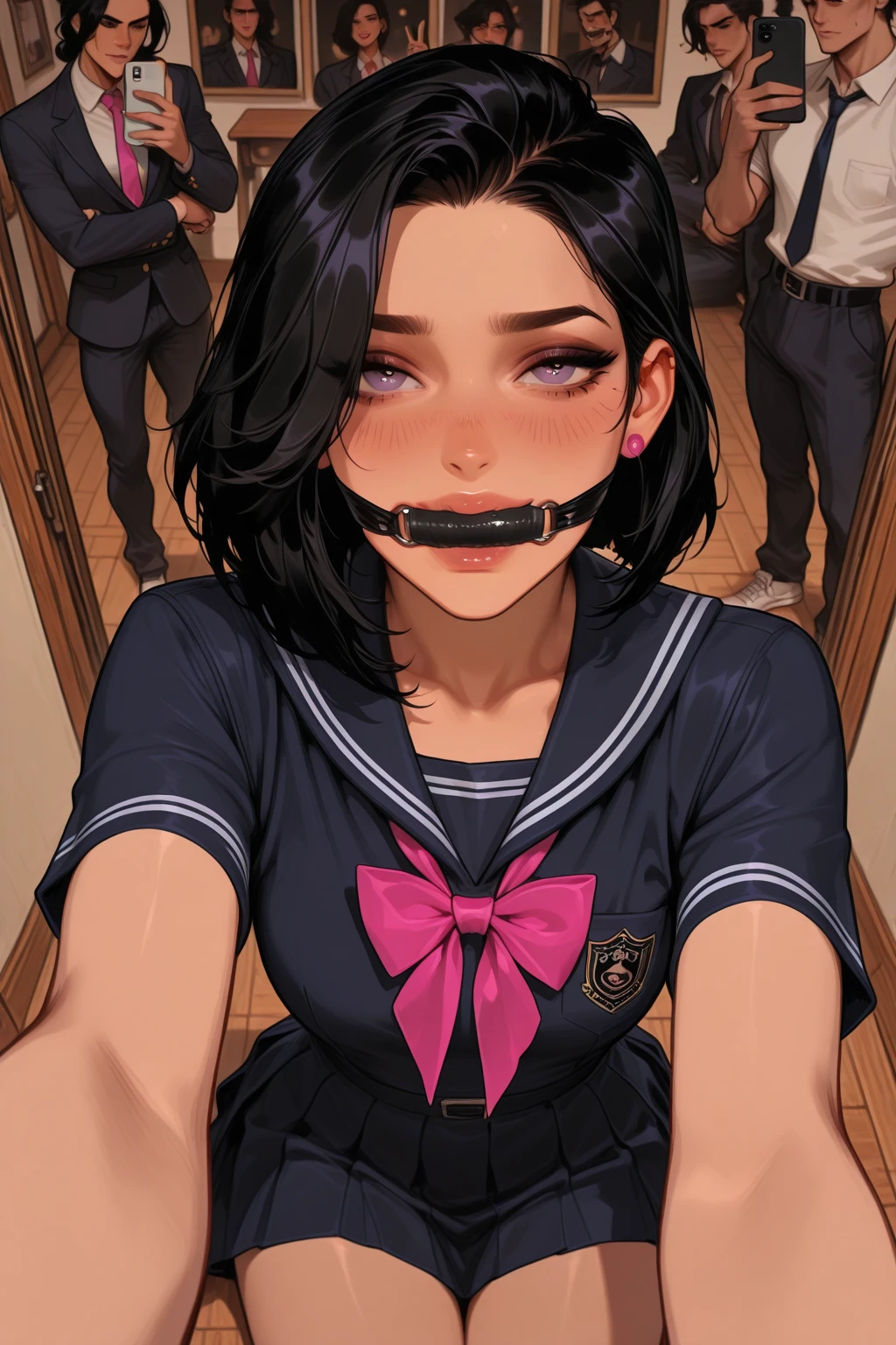 8K RAW photo, high resolution, 2 cool Korean, big round breasts, school uniform, tie, tie ribbon, blazer, skirt, beautiful eyes in detail, long eyelashes, beautiful double eyelids, eye shadow, slit eyes, sanpaku eyes, dark eye makeup, evil smile, beautiful thin legs, short hair gathered at the back, earrings, school classroombondage (Shibari,hands tied behind back:1.5), (Shibari:1.21),Tied up, legs tied, ballgag drooling ((( Orgasm expression )))(((Wear glasses )))(((black ballgag ))