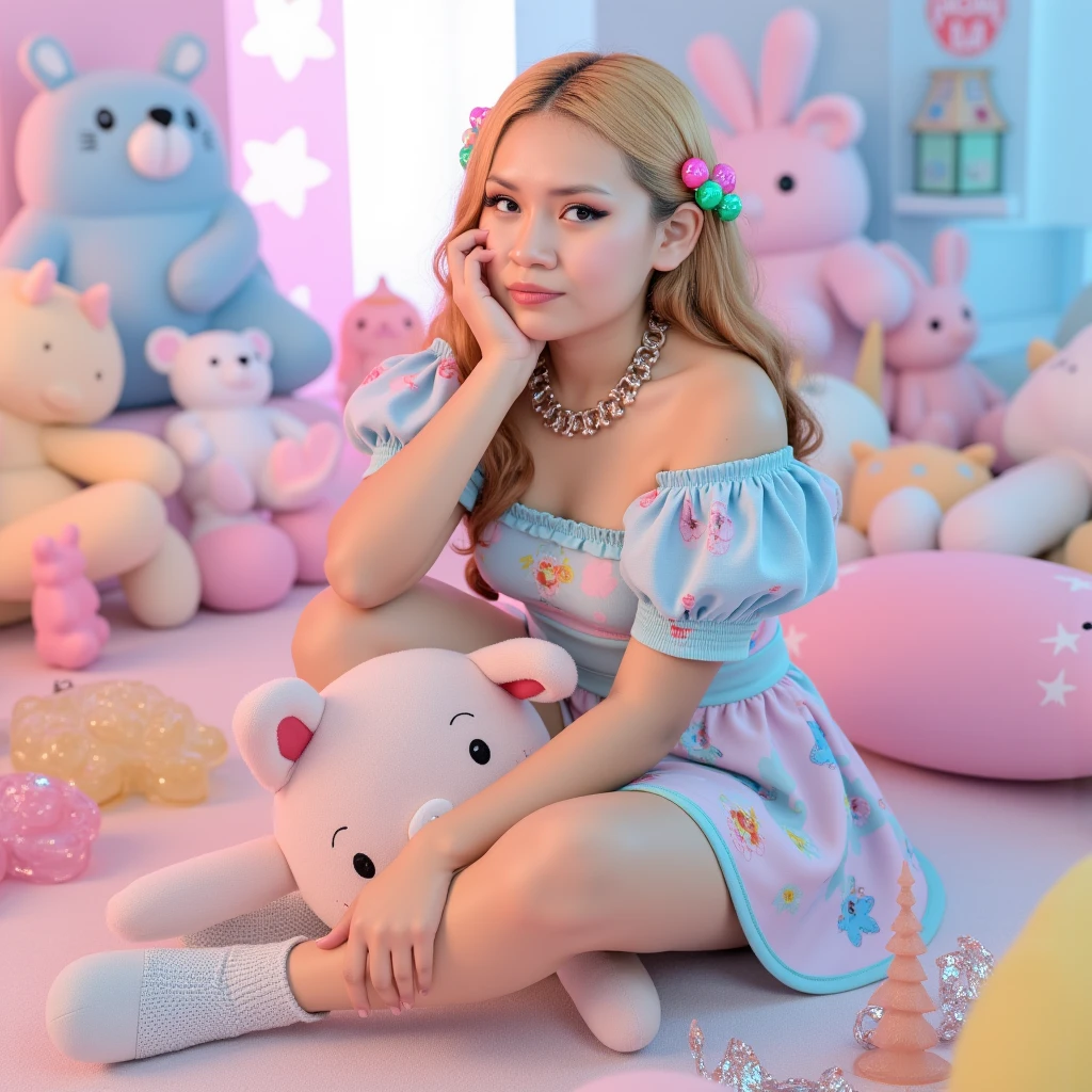 blond haired girl 18yrs old, flashg underwear , in pink dress sitting on a chair with stuffed animals, still from a music video, decora inspired, e-girl, e - girl, ahegao, y 2 k cutecore clowncore, music video, cooky, looks like britney spears, sitting in her room, decora inspired illustrations, acid pixie