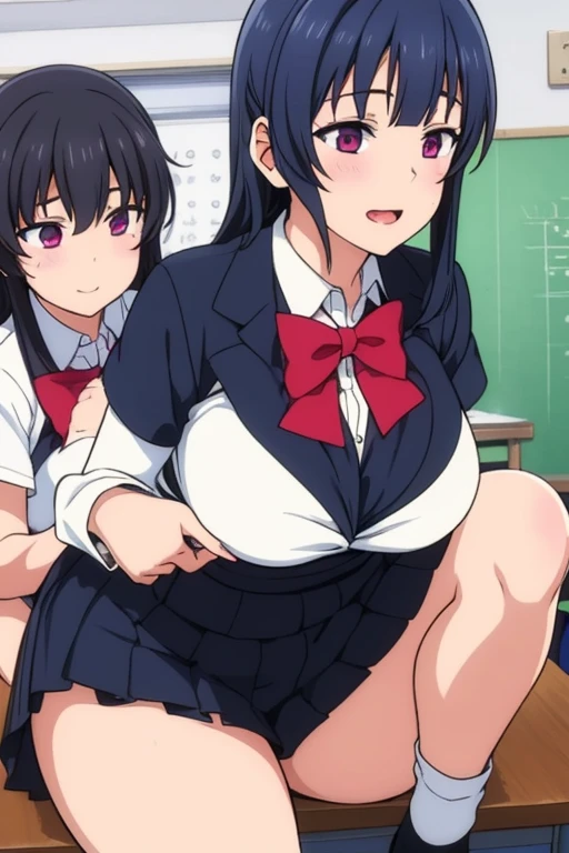 (2 girls) ,(Yukinoshita Yukino white lace panties).(Yuigahama Yui pink lace pants), classroom, uniform,,(black blazer),shirt,(Yuigahama Yui has big breasts),((Yuigahama Yui opens her mouth)),((shiny panties))),thighs,calf,smile,from the front,