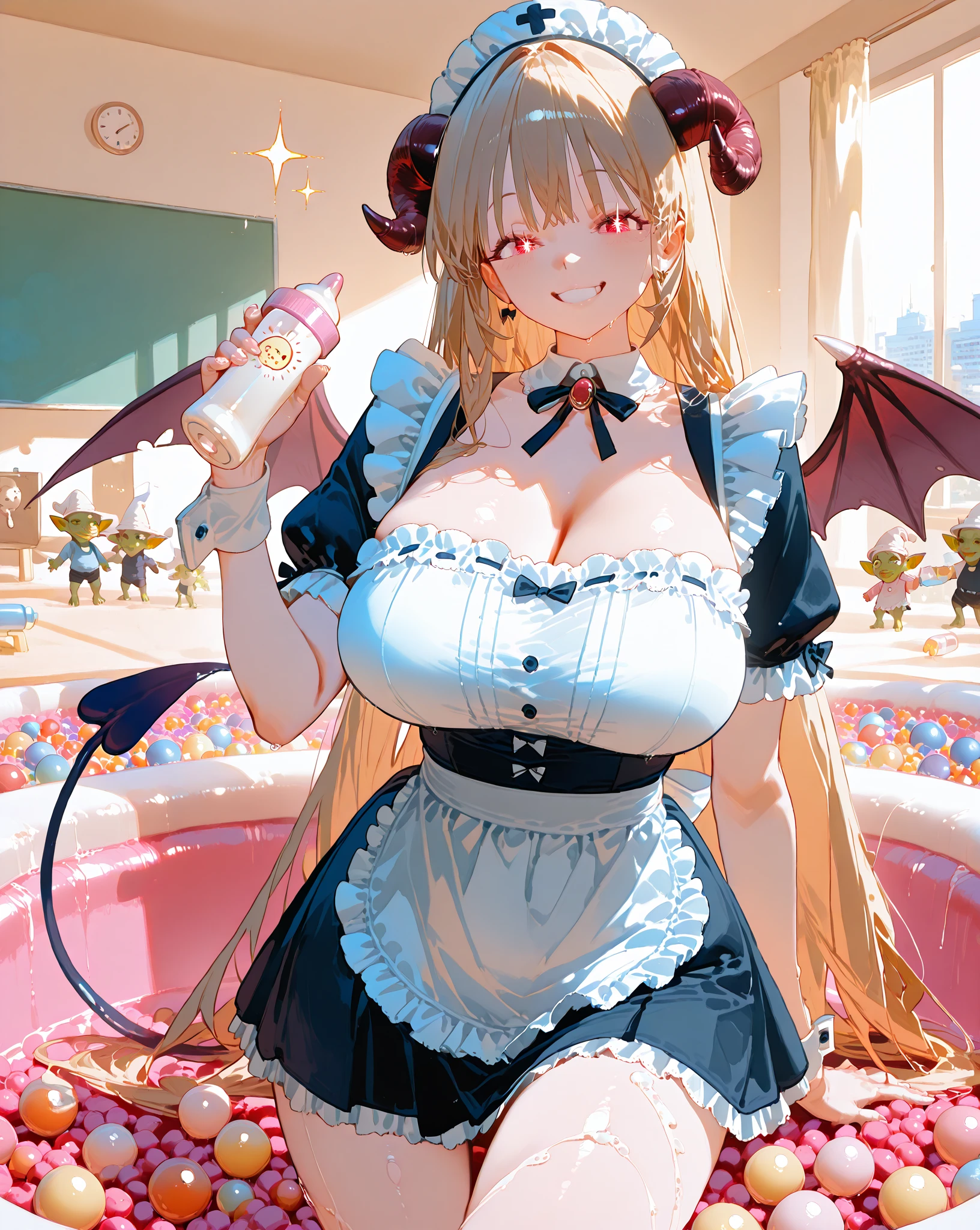 three anime girls with horns and horns are posing for a picture, beautiful eyes finely detailed, blushed face, toothy smile, big breast, maid outfit, a picture by Shitao, pixiv, auto-destructive art, background is room in medieval era castle, mika kurai demon, azur lane style, demon anime girl, kantai collection style, anime girls, devil smile