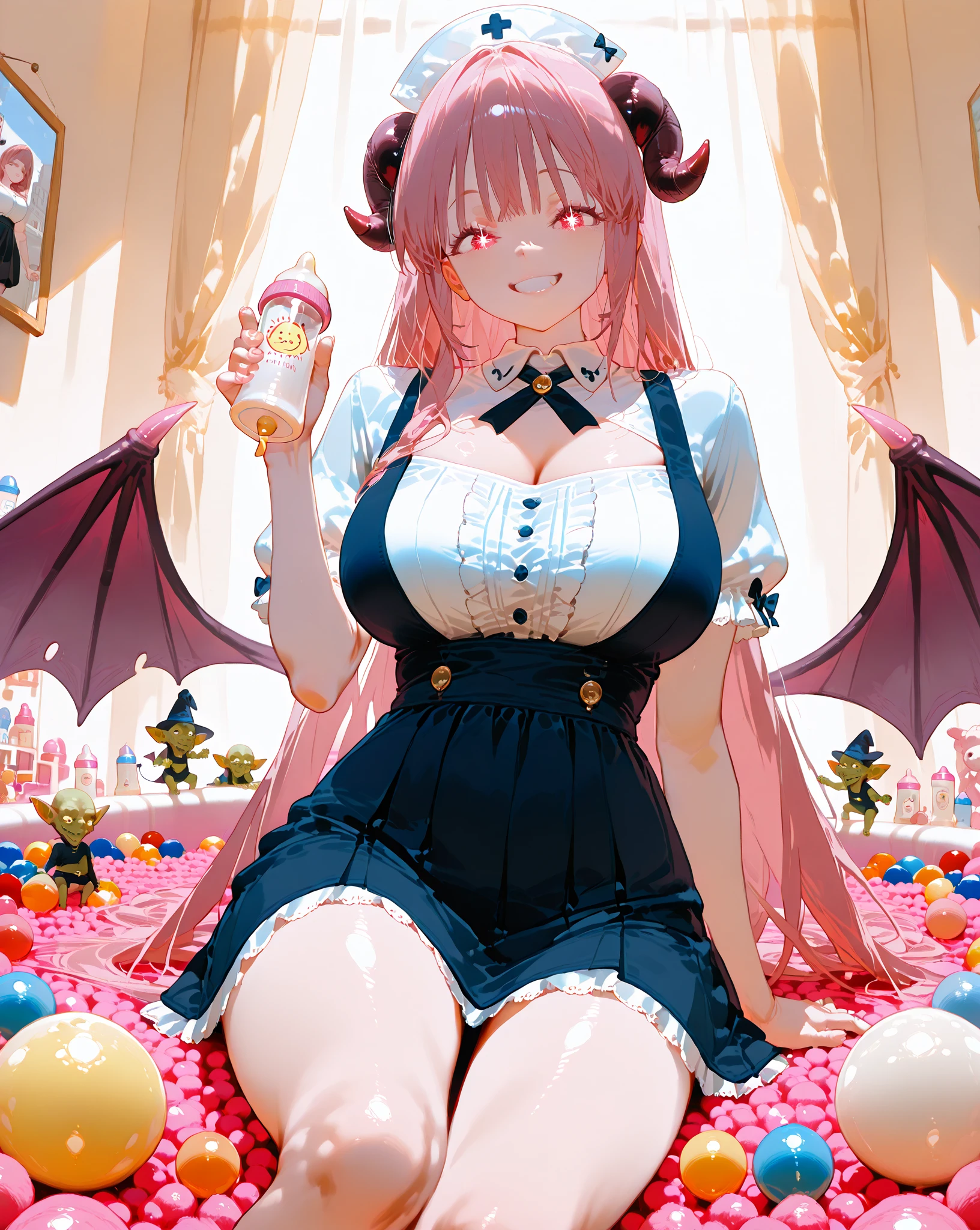 masterpiece, best quality, highres, absurdres, best quality, 1girl,  detailled background, perfect lighting,  cinematic, <lora:clawmachine:1>, clawmachine, plushies, plush, goodies, cleavage, arcade, smile, blush, grin,