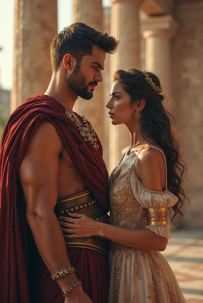 baroque painting+until_Full body portrait of a Muslim couple, An Arab, cinnamon skin, green eyes, wavy black hair, fine rostrum, toned, slender body, body hair, beautiful face, kissing a young Viking, rubio, blue eyes, musculoso beautiful face , strong, masculine with perfect proportions, white skin innocent and loving gaze both standing, Smiling, holding hands, The Great Mosque of Cordoba in the background
