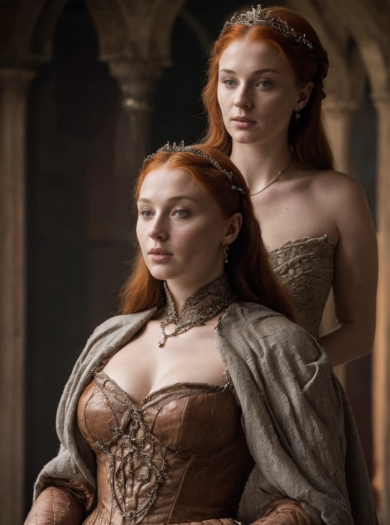 Oil pastel painting, Sansa Stark PLAYED BY SOPHIE TURNER Ned and Cat's oldest daughter. Demure and ladylike, her dream  to marry Prince Joffrey. Her direwolf  named Lady , Game of Thrones Series, (pele altamente detalhada: 1.2), 8k UHD, DSLR, soft-lighting, alta qualidade, grain of film, Fujifilm XT3, by Peter Paul Rubens, in Peter Paul Rubens style, (((Mother is sexually assaulting daughter))), ((brutal))), ((pussy view)), (((abused by women)))
