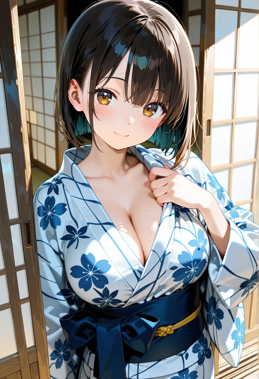Cute beautiful girl、、naked、(Blushing and sweating:1.5)、Embarrassed、Brown skin、Open yukata、Beautiful breasts,Tied up hair