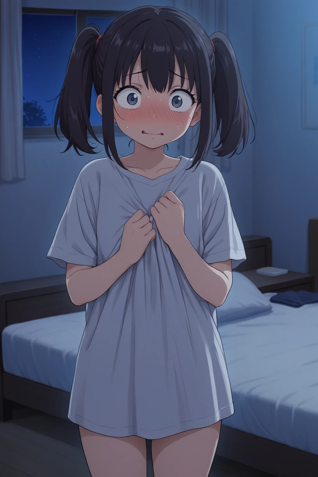 (scared to sleep alone:1.3),(front above view of maeharashinobu looking up standing with arms behind her back in an open house doorway at night:1.8),
(dark night sky with stars in background:1.8),
(arms stretched out:1.4),
(maeharashinobu:1.6),
(masterpiece,best quality,ultra_detailed,highres,absurdres, dimly lit:1.2),
dimly lit, 1girl, solo,(noumi kudryavka:1.25),(view from above, pov from above:1.7),full body, (cute,lovely,beautiful,adorable,pitiful:1.5),
(wearing cute pink_dress pajamas,short skirt, wearing white stockings),
(looking hopefully up at viewer, eye contact:1.5),
standing in doorway,
<lora:ScaredToSleepAlone:0.5> , <lora:Maehara_Shinobu:1>, <lora:add_detail:1>,