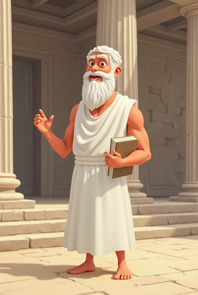 Aristotle in cartoon board game mafia style with dark beige background in long white towel