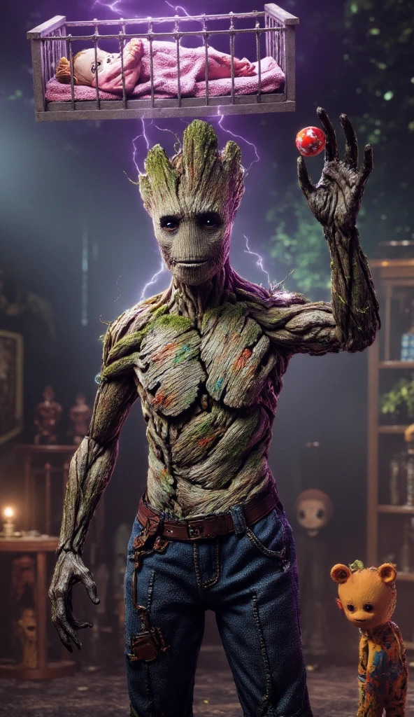 Groot1024, a human-tree, full body, holding a +++chainsaw, detailed eyes, highly detailed, photography, ultra sharp, film, bokeh, professional, 4k <lora:Groot1024:0.8>