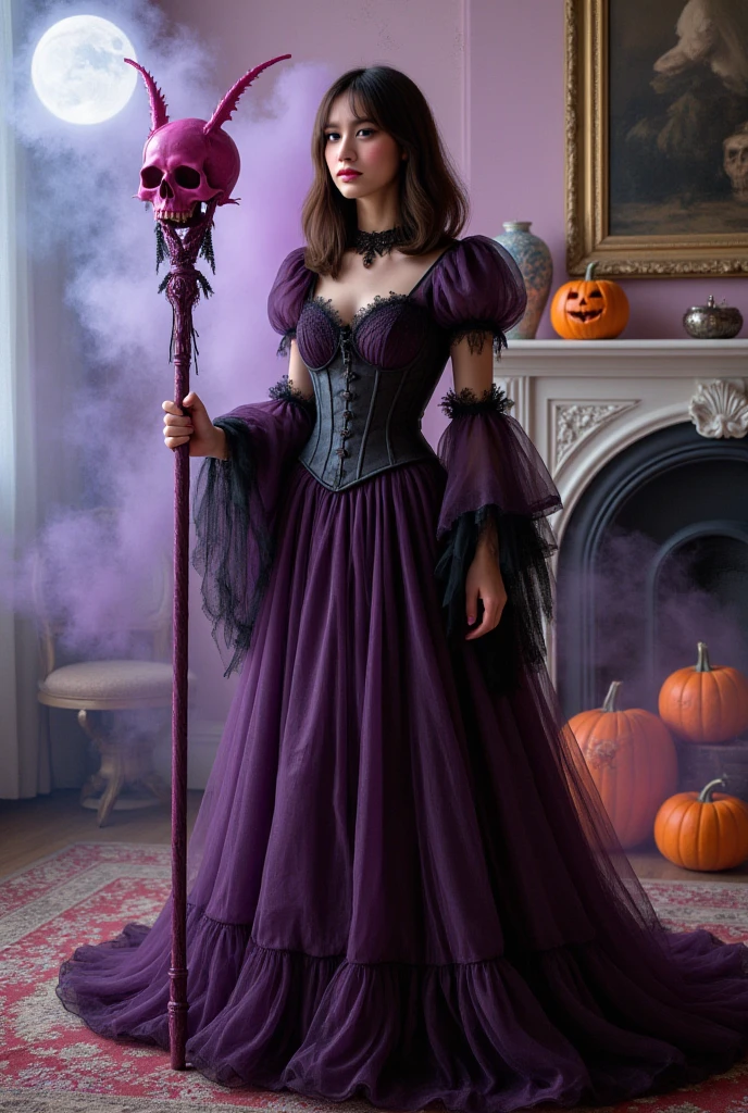 (medium full shot) of man, (Gothic witch) young woman, philippine, brown eyes, tan skin, tan skin, brown eyes, curvy build, hazel hair,  wearing purple patchwork dress with floral embroidery, pointed hat with intricate spiderweb lace overlay, sheer stockings, ankle boots, potion vials filled with colorful liquids, set in  Alchemy Chamber, Mysterious chamber illuminated by moonbeams filtering through stained glass windows, shelves lined with jars of rare ingredients, bubbling cauldron emitting a faint glow, intricate symbols etched into the stone walls, and the scent of exotic spices lingering in the air , at night, woman laughing, arms crossed, Masterpiece,best quality, photo, realistic, very aesthetic, detailed face,