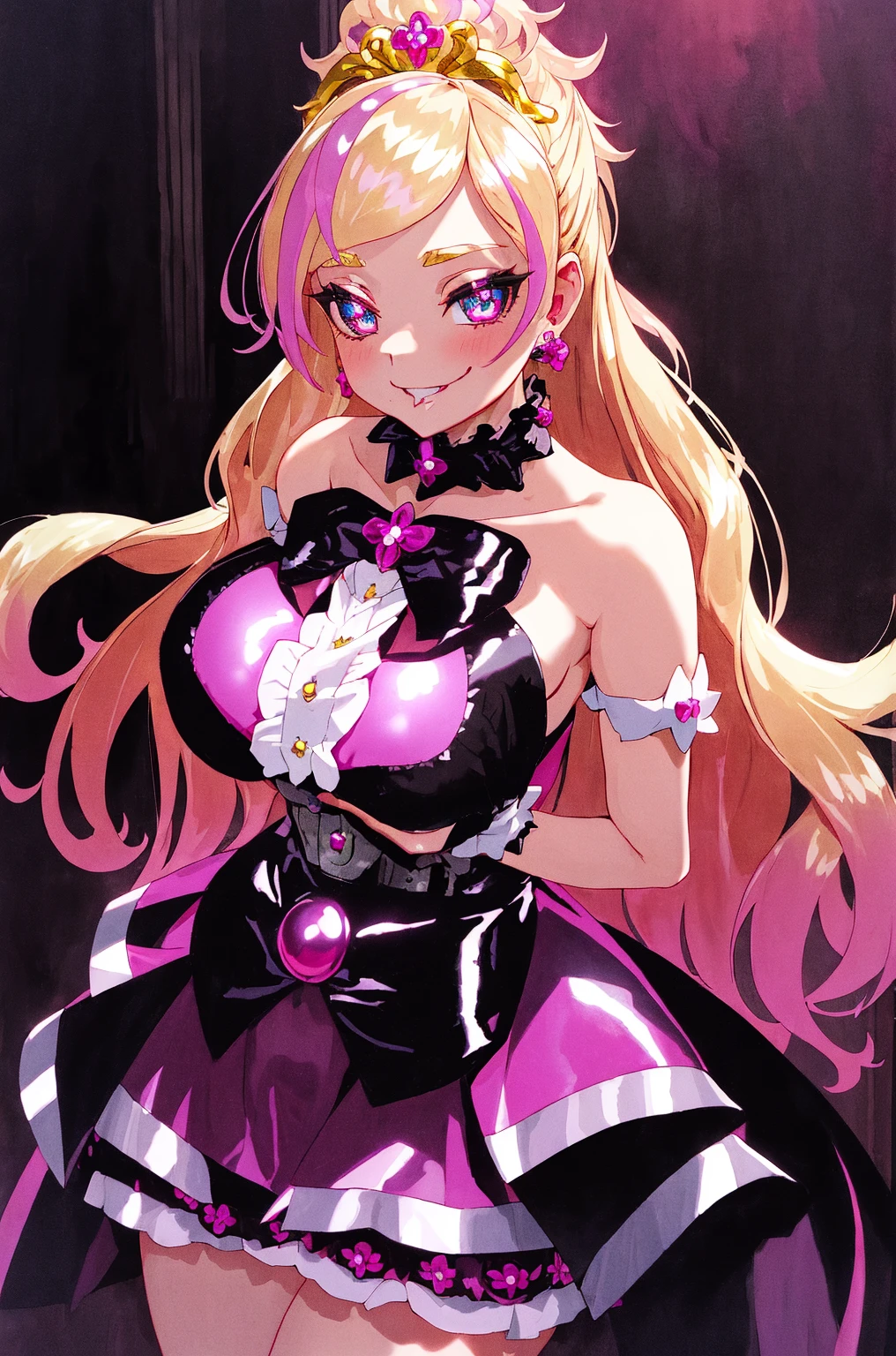 masterpiece, best quality, 1girl,blonde hair,Sui, (finely detailed heart shaped pupils and detailed face),,cowbody shot,lovestruck,extremely detailed picture unity 8k wallpaper,solo,(latex maid costume:0.9),glamour body,seductive smile,latex thighhigh