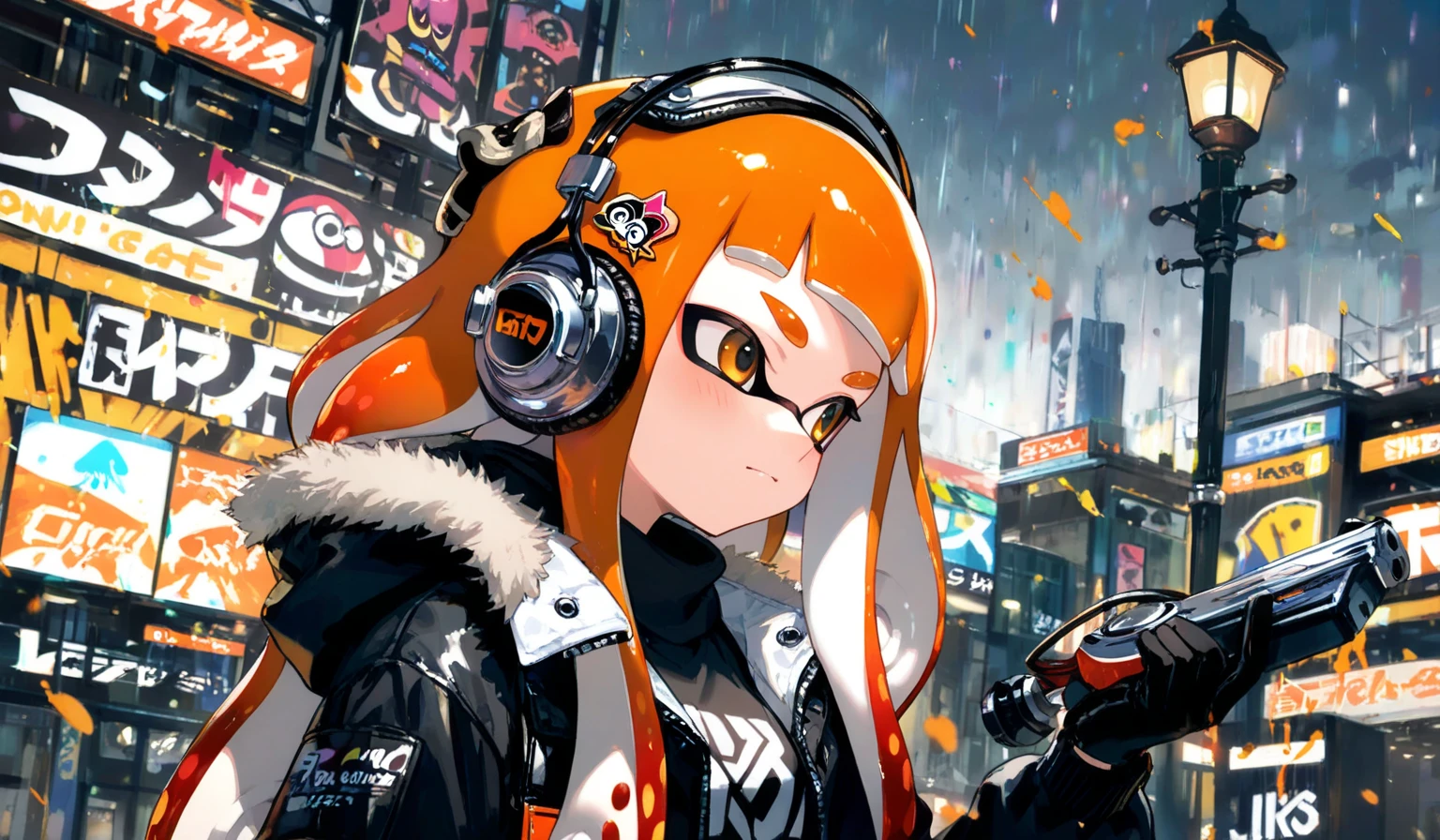 solo, smile, <lora:Inkling_Girl_SPLAT1:0.65> inkgirl1, splatoon 1, inkling girl, sneakers, <lora:dsfutaba-v2_lc_768:0.35> dsfutaba, orange hair, long hair, blunt bangs, ahoge, purple eyes, glasses, headphones,, absurdres, ultra detailed, masterpiece, best quality, aesthetic, detailed,
