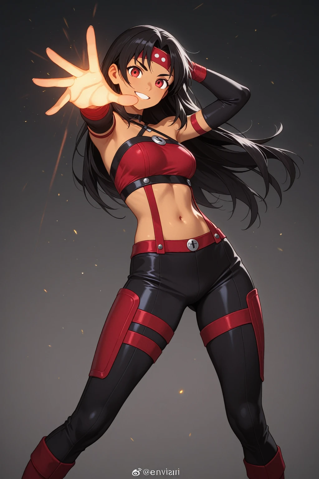 1girl, dark skin girl with long messy very dark hair, posing in front of matte black background, wearing a loose open red hoodie, black crop top with open shoulders, mini pencil skirt, big bust, posing with right hand behind head, arced back with chest jutting out