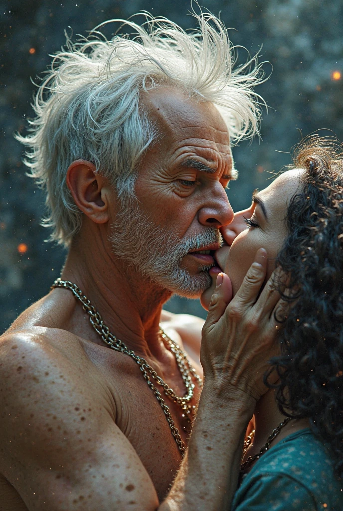 (photorealism:1.2), goddes of war losing a fight again bbc oldman, the goddes is wearing a revealing clothes and the oldman is licking her face