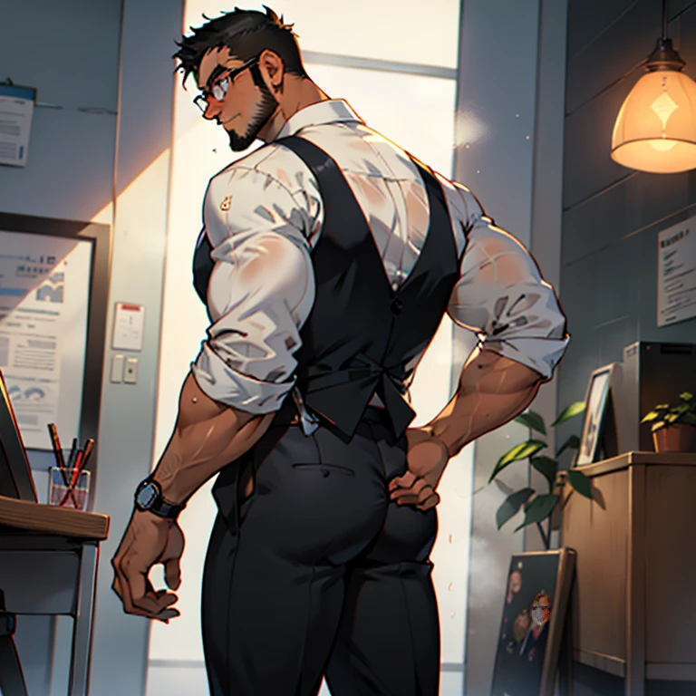 4k, masterpiece, high resolution:1.2, 1 man, solo, bara, muscular, big physique, crew cut hair, facial hair, chest, wide shoulder, biceps, thighs, triceps, butt, black hair, cute smile, friendly, standing in an office, wearing formal trousers, wearing formal stripes pattern office shirt, stretching wearing glasses, upstairs office in the background, ultra detailed, shredded muscle, flat style (((wearing harness))) (((view from the side, thick huge ass)))