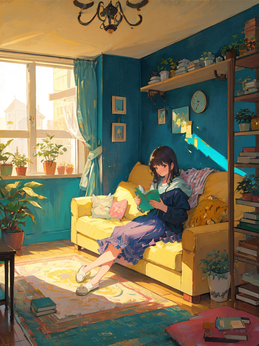 (masterpiece), highest quality, ultra high resolution, sharp focus, warm pastel tones, warm sunshine, soft shadow, Backyard garden, plant, flowers, butterfly、wood recliner