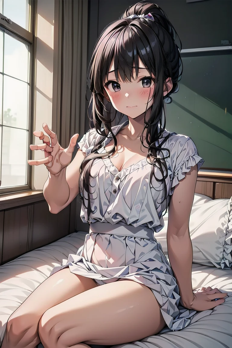 best quality, masterpiece, 1girl, solo, Ferry, long hair, FerryBase, thighhighs, bare shoulders, jewelry, sleeveless, white dress, blue skirt, gloves, bed room, bed, wooden floor, sitting, sitting on bed, from below, hands on legs, smile, soft lighting, full body,