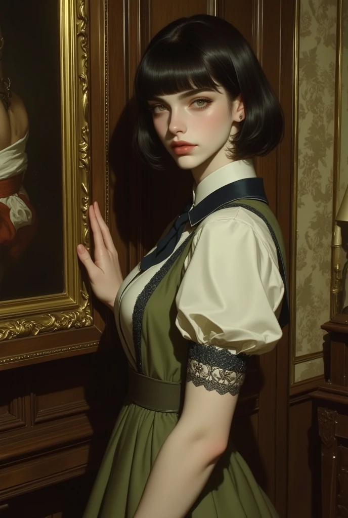 vintage glaring bloom 1940s colour traditional sophisticated graceful stunning alluring model trophy wife female with formal dress , bangs hairstyle with formal posture very exquisite quaint elegant with glasses in her 1940s house